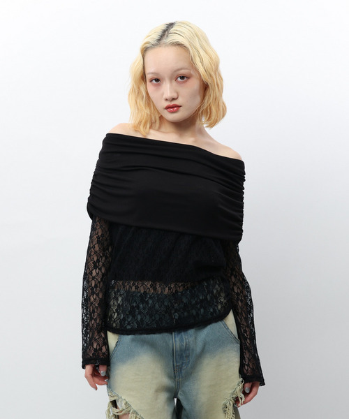 SPIRALGIRL(スパイラルガール)の「レースオフショルトップス(Tシャツ/カットソー・レディース・ホワイト/ブラック・FREE)」の11枚目の写真