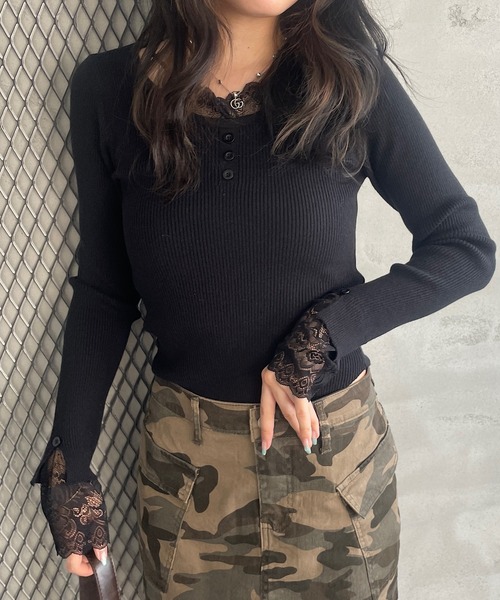 ROGER AND RAW(ロジャーアンドロウ)の「レース付きリブニットトップス(Tシャツ/カットソー・レディース・ホワイト/ブラック/ベージュ/ピンク・FREE)」の20枚目の写真