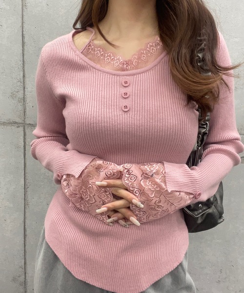 ROGER AND RAW(ロジャーアンドロウ)の「レース付きリブニットトップス(Tシャツ/カットソー・レディース・ホワイト/ブラック/ベージュ/ピンク・FREE)」の18枚目の写真