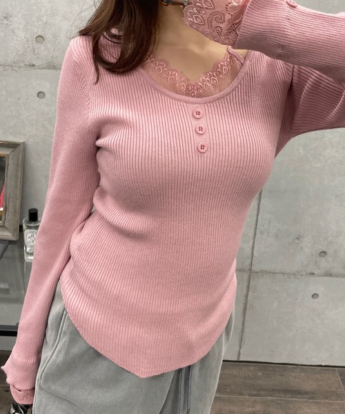 ROGER AND RAW(ロジャーアンドロウ)の「レース付きリブニットトップス(Tシャツ/カットソー・レディース・ホワイト/ブラック/ベージュ/ピンク・FREE)」の12枚目の写真