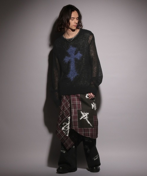 HARE（ハレ）の「【UNDERGROUND MODE】シアークロスモチーフニット(HARE)（ニット/セーター・メンズ・ブラック/レッド・FREE）」の5枚目の写真