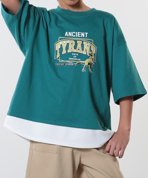 SHOO・LA・RUE（シューラルー）の「【100-150cm】アソートプリント裾レイヤード五分袖Tシャツ（Tシャツ/カットソー・キッズ・ブラック/ナチュラル/チャコールグレー/グリーン・10/11/12/13/14/15 ）」の4枚目の写真