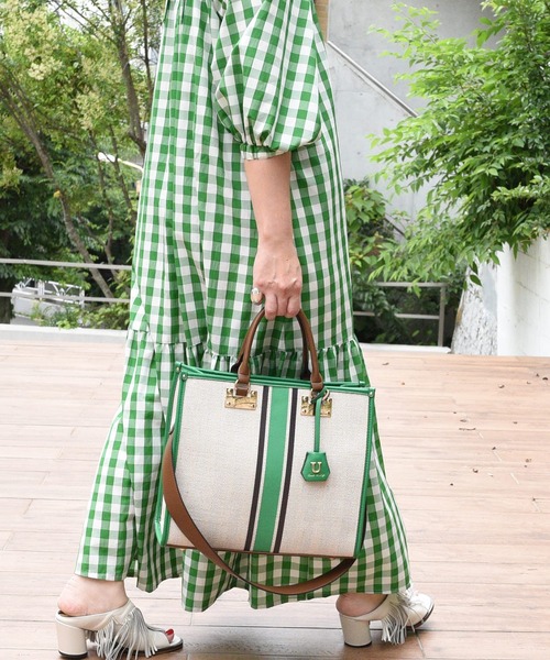 U（ユー）の「ラインキャンバス パリジャン トートバッグ/Lサイズ（ビジネスバッグ・レディース・グリーン/オフホワイト/ブラック・FREE）」の3枚目の写真