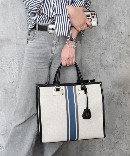 U（ユー）の「ラインキャンバス パリジャン トートバッグ/Lサイズ（ビジネスバッグ・レディース・グリーン/オフホワイト/ブラック・FREE）」の2枚目の写真