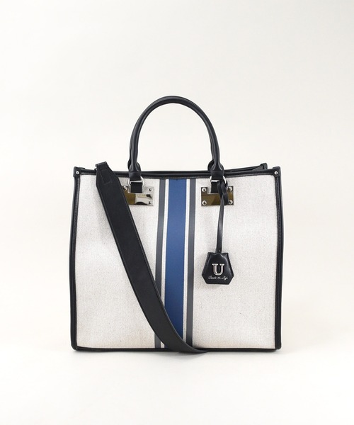 U（ユー）の「ラインキャンバス パリジャン トートバッグ/Lサイズ（ビジネスバッグ・レディース・グリーン/オフホワイト/ブラック・FREE）」の4枚目の写真