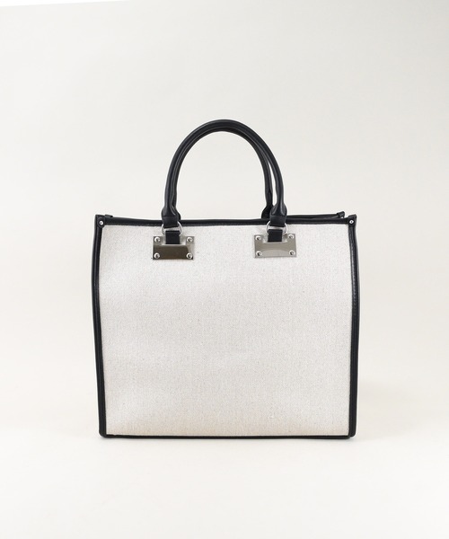 U（ユー）の「ラインキャンバス パリジャン トートバッグ/Lサイズ（ビジネスバッグ・レディース・グリーン/オフホワイト/ブラック・FREE）」の5枚目の写真