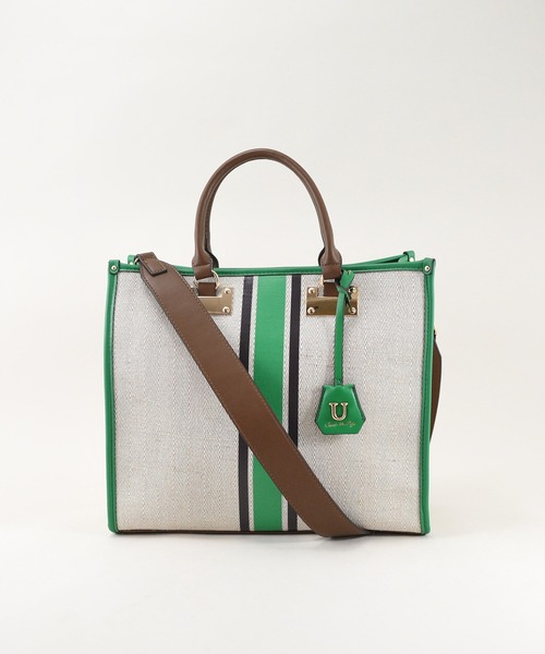U（ユー）の「ラインキャンバス パリジャン トートバッグ/Lサイズ（ビジネスバッグ・レディース・グリーン/オフホワイト/ブラック・FREE）」の10枚目の写真