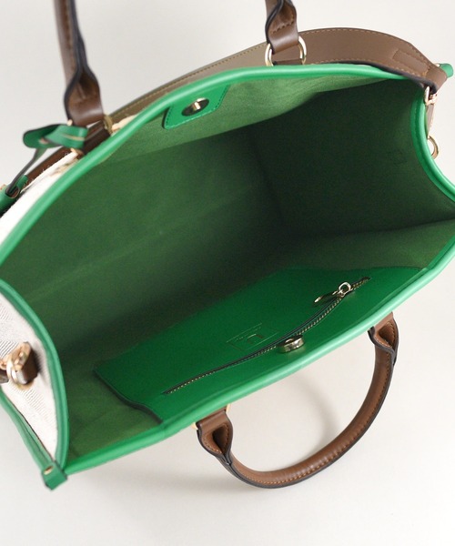 U（ユー）の「ラインキャンバス パリジャン トートバッグ/Lサイズ（ビジネスバッグ・レディース・グリーン/オフホワイト/ブラック・FREE）」の14枚目の写真