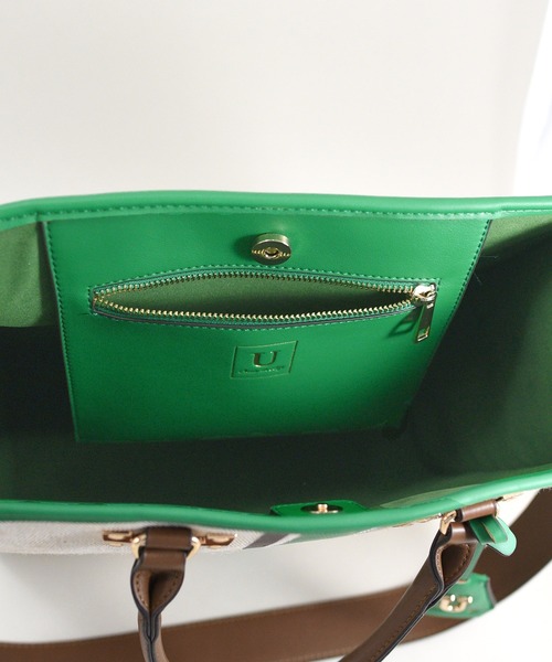 U（ユー）の「ラインキャンバス パリジャン トートバッグ/Lサイズ（ビジネスバッグ・レディース・グリーン/オフホワイト/ブラック・FREE）」の15枚目の写真