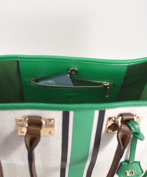 U（ユー）の「ラインキャンバス パリジャン トートバッグ/Lサイズ（ビジネスバッグ・レディース・グリーン/オフホワイト/ブラック・FREE）」の16枚目の写真