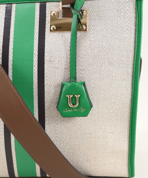 U（ユー）の「ラインキャンバス パリジャン トートバッグ/Lサイズ（ビジネスバッグ・レディース・グリーン/オフホワイト/ブラック・FREE）」の18枚目の写真