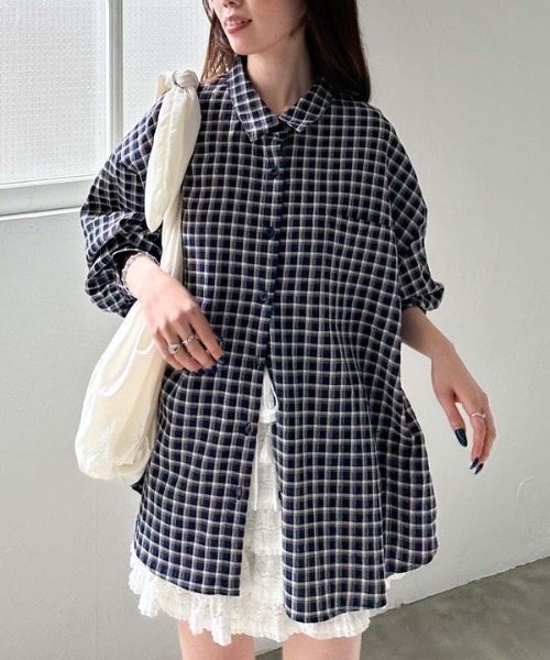 archives（アルシーヴ）の「リンクルチェックミドルシャツ（シャツ/ブラウス・レディース・オフホワイト/ブラック/ネイビー・MEDIUM）」の4枚目の写真