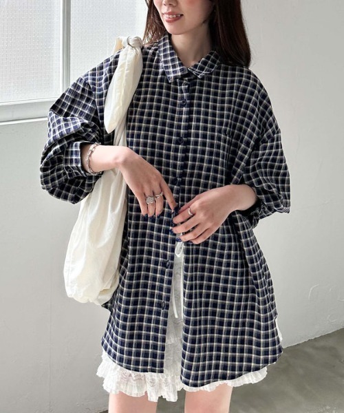 archives（アルシーヴ）の「リンクルチェックミドルシャツ（シャツ/ブラウス・レディース・オフホワイト/ブラック/ネイビー・MEDIUM）」の5枚目の写真