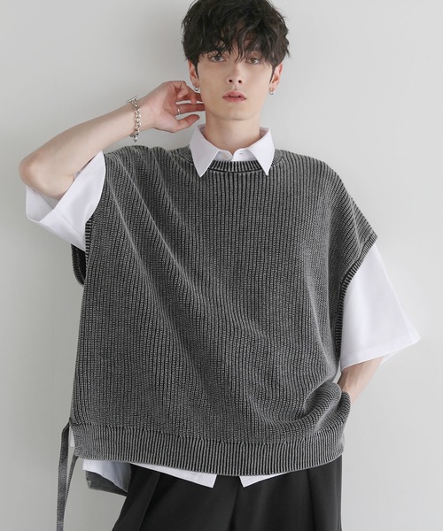 【限定セール】simpleproject ニットベスト セール】ヴィンテージ加工ルーズシルエットサイドコードニットベスト