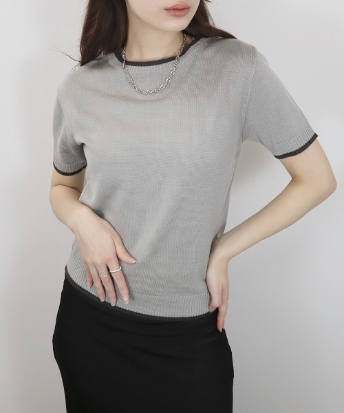 夏 韓国 クルーネック 半袖 ニット トップス 2色 バイカラー半袖トップス／bicolor short top サマーニット