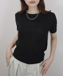 バイカラー半袖トップス/bicolor short top サマーニット クルーネック シンプル きれいめ カジュアル モード オフィスカジュアル 韓国