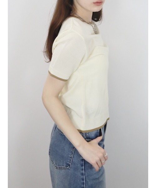 tシャツ バイカラー半袖トップス／bicolor short top サマーニット クルーネック シンプル きれいめ カジュアル モード オフィスカジ バイカラー半袖トップス／bicolor short top サマーニット