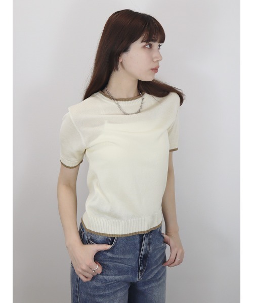 Reurie'(レウリィ)の「バイカラー半袖トップス/bicolor short top サマーニット クルーネック シンプル きれいめ カジュアル モード オフィスカジュアル 韓国(Tシャツ/カットソー・レディース・アイボリー/ブラック/グレー・FREE)」の10枚目の写真
