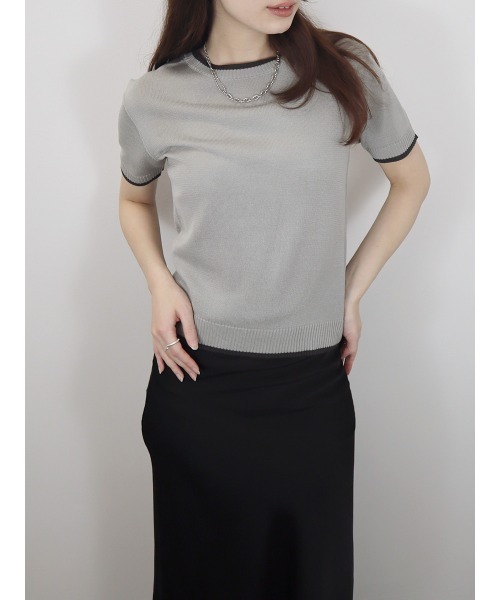 Reurie'(レウリィ)の「バイカラー半袖トップス/bicolor short top サマーニット クルーネック シンプル きれいめ カジュアル モード オフィスカジュアル 韓国(Tシャツ/カットソー・レディース・アイボリー/ブラック/グレー・FREE)」の9枚目の写真