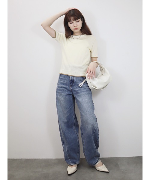 Reurie'(レウリィ)の「バイカラー半袖トップス/bicolor short top サマーニット クルーネック シンプル きれいめ カジュアル モード オフィスカジュアル 韓国(Tシャツ/カットソー・レディース・アイボリー/ブラック/グレー・FREE)」の5枚目の写真