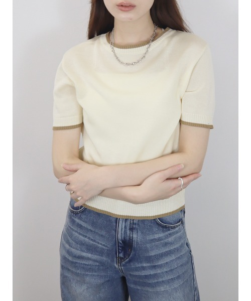 夏 韓国 クルーネック 半袖 ニット トップス 2色 バイカラー半袖トップス／bicolor short top サマーニット