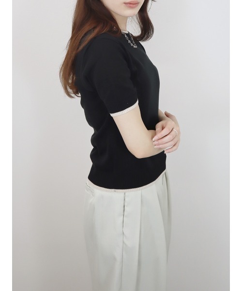 夏 韓国 クルーネック 半袖 ニット トップス 2色 バイカラー半袖トップス／bicolor short top サマーニット