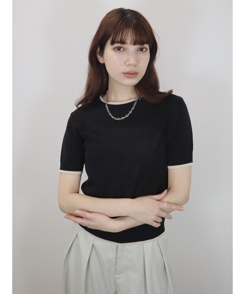 tシャツ バイカラー半袖トップス／bicolor short top サマーニット クルーネック シンプル きれいめ カジュアル モード オフィスカジ バイカラー半袖トップス／bicolor short top サマーニット