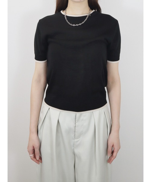 tシャツ バイカラー半袖トップス／bicolor short top サマーニット クルーネック シンプル きれいめ カジュアル モード オフィスカジ バイカラー半袖トップス／bicolor short top サマーニット