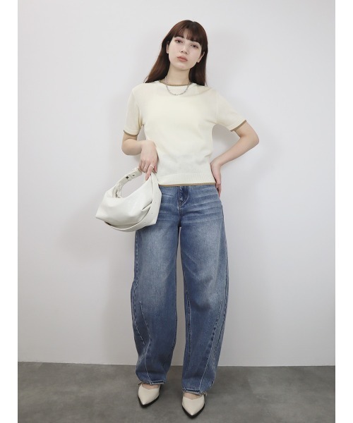 夏 韓国 クルーネック 半袖 ニット トップス 2色 バイカラー半袖トップス／bicolor short top サマーニット