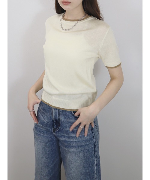 Reurie'(レウリィ)の「バイカラー半袖トップス/bicolor short top サマーニット クルーネック シンプル きれいめ カジュアル モード オフィスカジュアル 韓国(Tシャツ/カットソー・レディース・アイボリー/ブラック/グレー・FREE)」の14枚目の写真