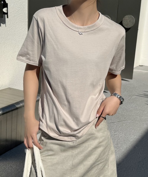Lace Ladies(レースレディース)の「クルーネック ベーシック 半袖 コットン Tシャツ(Tシャツ/カットソー・レディース・ベージュ/パープル/ホワイト・FREE)」の1枚目の写真
