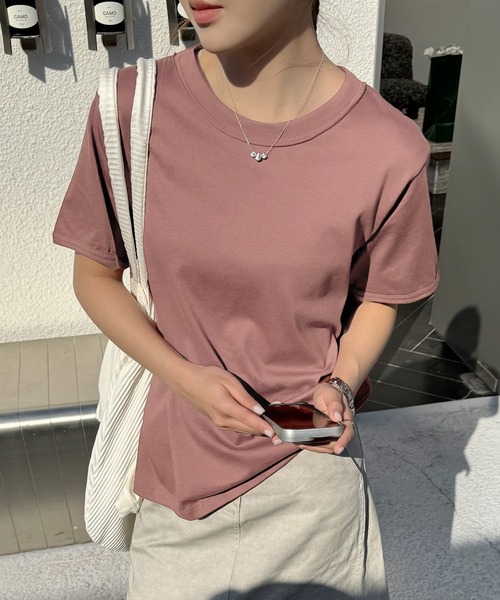 Lace Ladies(レースレディース)の「クルーネック ベーシック 半袖 コットン Tシャツ(Tシャツ/カットソー・レディース・ベージュ/パープル/ホワイト・FREE)」の3枚目の写真