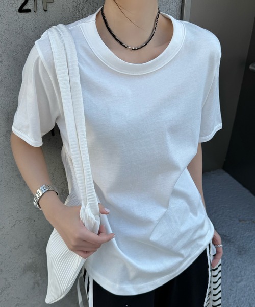 Lace Ladies(レースレディース)の「クルーネック ベーシック 半袖 コットン Tシャツ(Tシャツ/カットソー・レディース・ベージュ/パープル/ホワイト・FREE)」の2枚目の写真