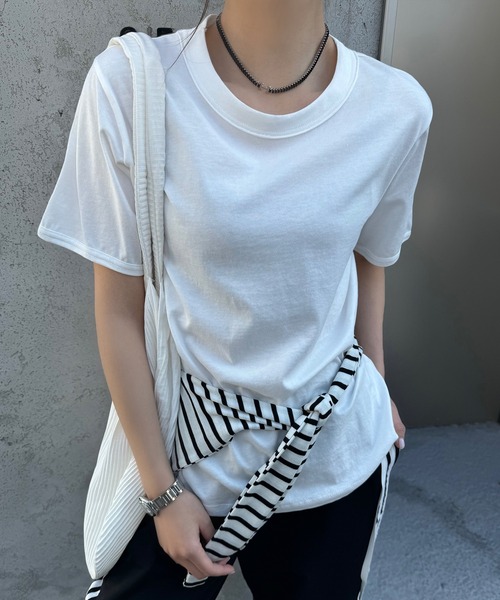 Lace Ladies(レースレディース)の「クルーネック ベーシック 半袖 コットン Tシャツ(Tシャツ/カットソー・レディース・ベージュ/パープル/ホワイト・FREE)」の4枚目の写真