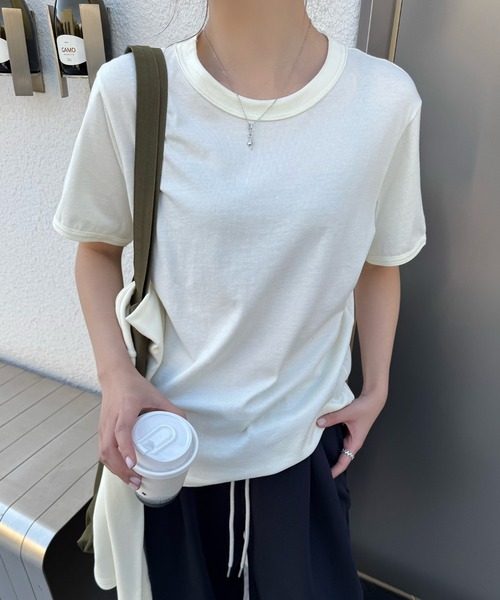 Lace Ladies(レースレディース)の「クルーネック ベーシック 半袖 コットン Tシャツ(Tシャツ/カットソー・レディース・ベージュ/パープル/ホワイト・FREE)」の5枚目の写真