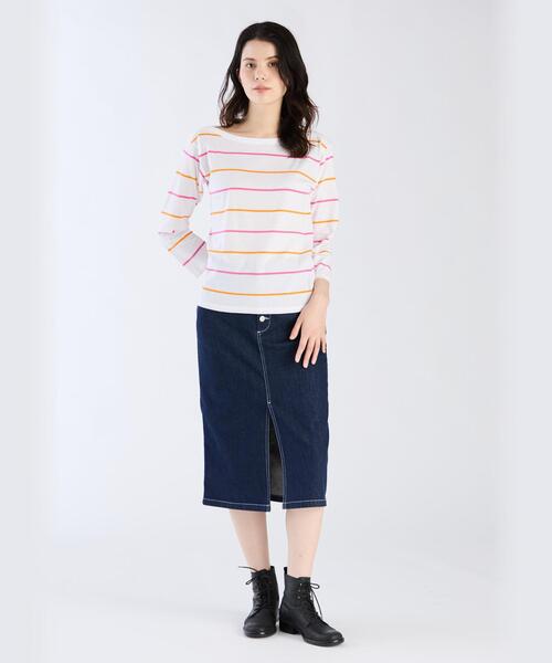 ボーダー コットン ボートネック 七分袖 Tシャツ（Tシャツ