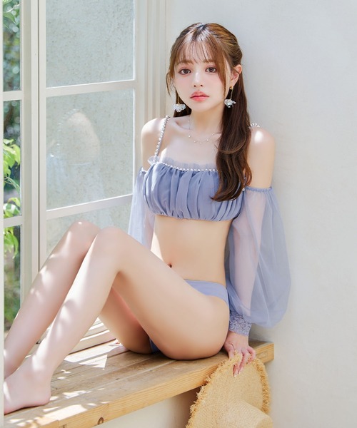 【sugar nine】くしゅっとオフショル袖シンプルビキニ【未使用】 オフショル花柄シャーリングニットビキニ 2点セット（水着