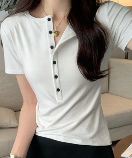 ReRe(リリ)の「ハーフボタンヘンリーネックトップス(Tシャツ/カットソー・レディース・ブラック/ネイビー/ホワイト/グレー・MEDIUM)」の5枚目の写真