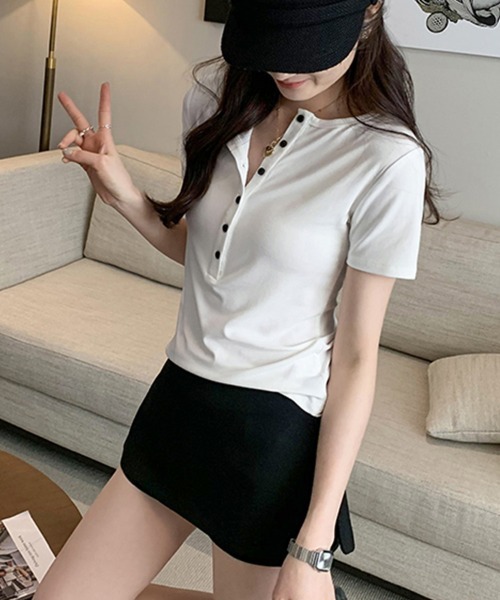 ReRe(リリ)の「ハーフボタンヘンリーネックトップス(Tシャツ/カットソー・レディース・ブラック/ネイビー/ホワイト/グレー・MEDIUM)」の7枚目の写真