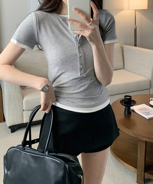 ReRe(リリ)の「ハーフボタンヘンリーネックトップス(Tシャツ/カットソー・レディース・ブラック/ネイビー/ホワイト/グレー・MEDIUM)」の11枚目の写真