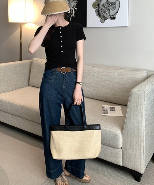 ReRe(リリ)の「ハーフボタンヘンリーネックトップス(Tシャツ/カットソー・レディース・ブラック/ネイビー/ホワイト/グレー・MEDIUM)」の13枚目の写真