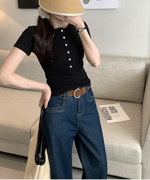 ReRe(リリ)の「ハーフボタンヘンリーネックトップス(Tシャツ/カットソー・レディース・ブラック/ネイビー/ホワイト/グレー・MEDIUM)」の14枚目の写真