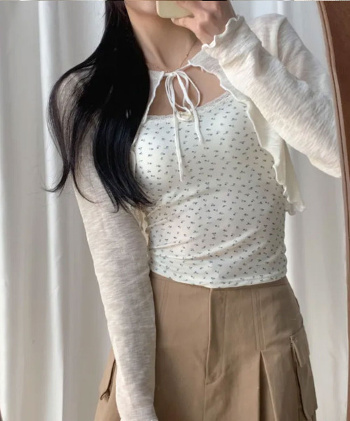 VIVID LADY(ビビッドレディー)の「2点セット ニットボレロ 小花柄キャミソール(アンサンブル・レディース・アイボリー/ブラック/ライトブルー・FREE)」の14枚目の写真
