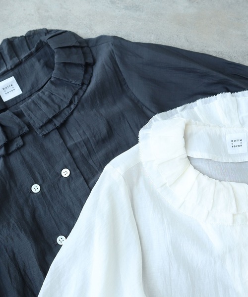 bulle de savon（ビュルデサボン）の「△コットン/キュプラ ローンIBK 半袖bebe ブラウス（シャツ/ブラウス・レディース・チャコールグレー/ホワイト・FREE）」の4枚目の写真