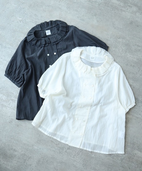 bulle de savon（ビュルデサボン）の「△コットン/キュプラ ローンIBK 半袖bebe ブラウス（シャツ/ブラウス・レディース・チャコールグレー/ホワイト・FREE）」の3枚目の写真