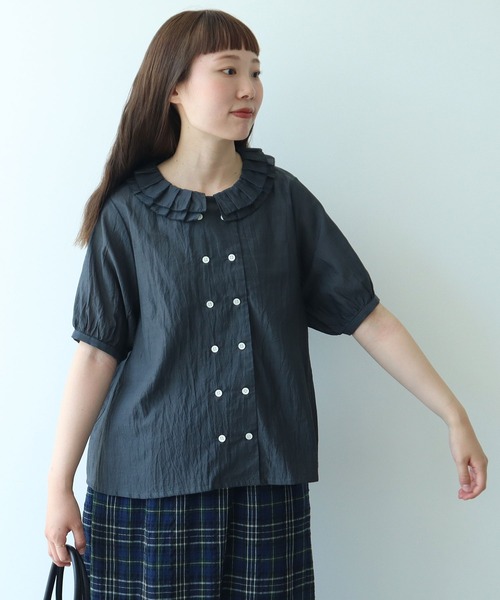 bulle de savon（ビュルデサボン）の「△コットン/キュプラ ローンIBK 半袖bebe ブラウス（シャツ/ブラウス・レディース・チャコールグレー/ホワイト・FREE）」の12枚目の写真