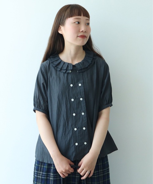 bulle de savon（ビュルデサボン）の「△コットン/キュプラ ローンIBK 半袖bebe ブラウス（シャツ/ブラウス・レディース・チャコールグレー/ホワイト・FREE）」の13枚目の写真