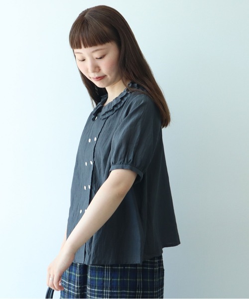 bulle de savon（ビュルデサボン）の「△コットン/キュプラ ローンIBK 半袖bebe ブラウス（シャツ/ブラウス・レディース・チャコールグレー/ホワイト・FREE）」の14枚目の写真