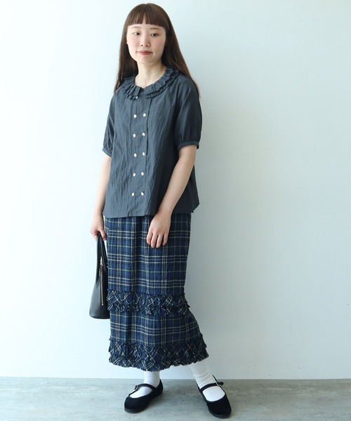 bulle de savon（ビュルデサボン）の「△コットン/キュプラ ローンIBK 半袖bebe ブラウス（シャツ/ブラウス・レディース・チャコールグレー/ホワイト・FREE）」の17枚目の写真