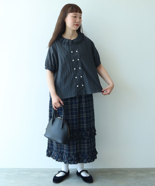 bulle de savon（ビュルデサボン）の「△コットン/キュプラ ローンIBK 半袖bebe ブラウス（シャツ/ブラウス・レディース・チャコールグレー/ホワイト・FREE）」の18枚目の写真